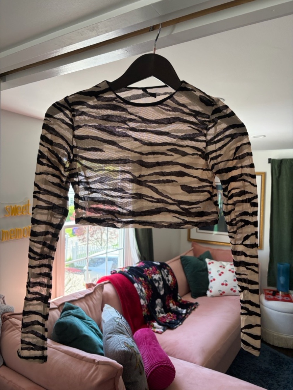 Jaded London Sheer Zebra-Print Long-Sleeve Crop Top - Black & Cream